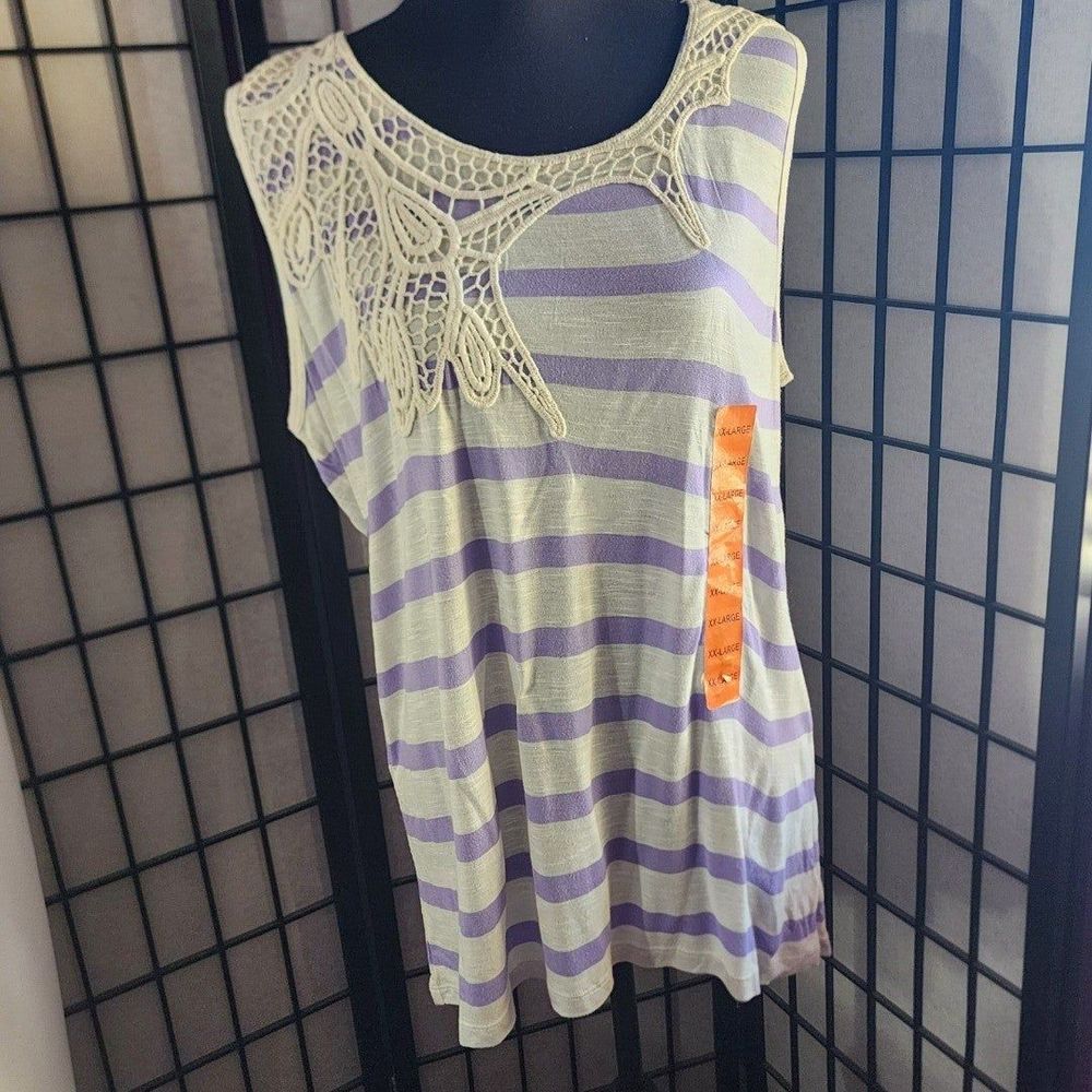 Cream & Lilac Stripes Embroidery Tank Top Scoop Po Pori Women's XXL Linen Blend